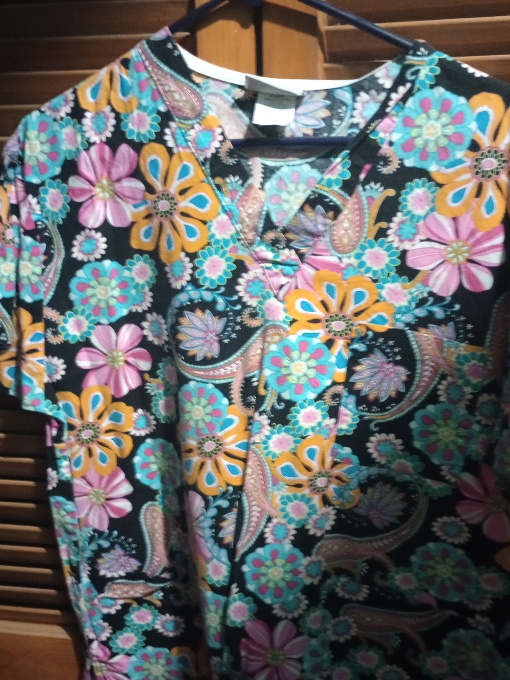 Black Floral Paisley Print Top with Pink, Turquoise & Yellow Flowers